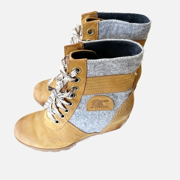 Sorel Womens Lace Up Lexie Wedge Bootie Boots Camel Brown Leather Size 7.5 - Picture 1 of 12